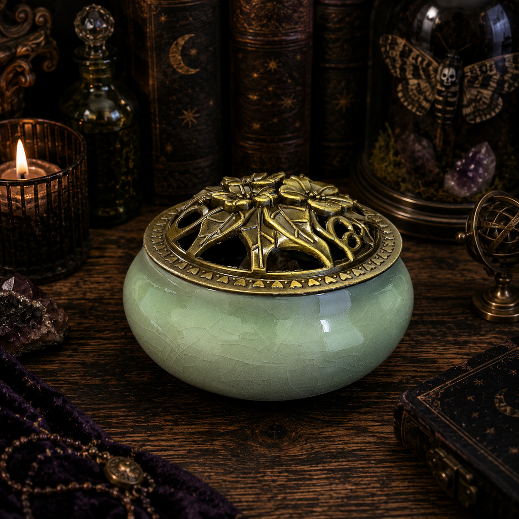 Ceramic Incense Burner Bowl with Floral Lid • 3.75" Charcoal Incense Burner • Resin & Herb Burner • Includes Fireproof Felt Pad