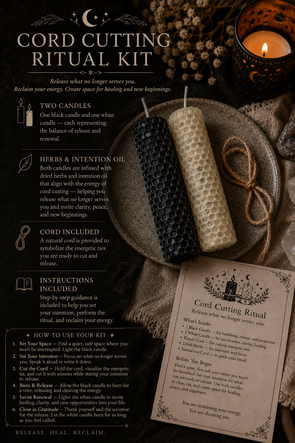 Cord Cutting Ritual Kit • Black & White Herb-Infused Beeswax Candles Ritual Cord Instructions • Energy Release, Healing, Spiritual Cleanse