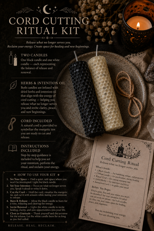 Cord Cutting Ritual Kit • Black & White Herb-Infused Beeswax Candles Ritual Cord Instructions • Energy Release, Healing, Spiritual Cleanse