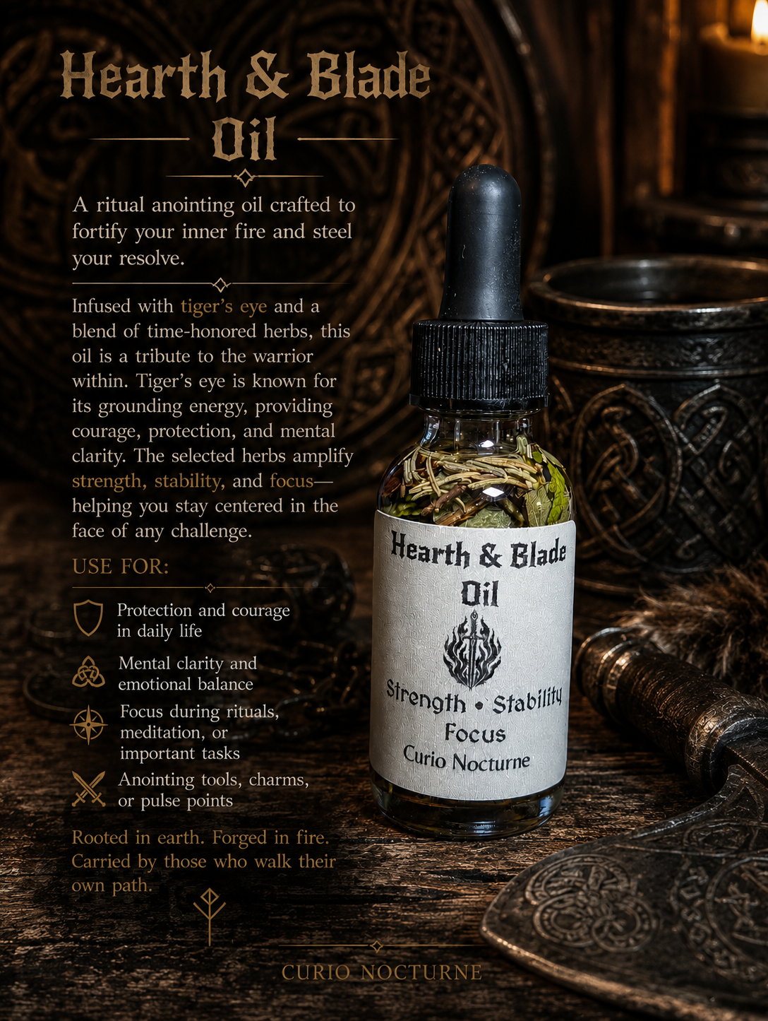 Hearth & Blade Oil – Strength, Stability & Focus Ritual Oil • Tiger's Eye & High John Root • Courage, Confidence & Personal Power