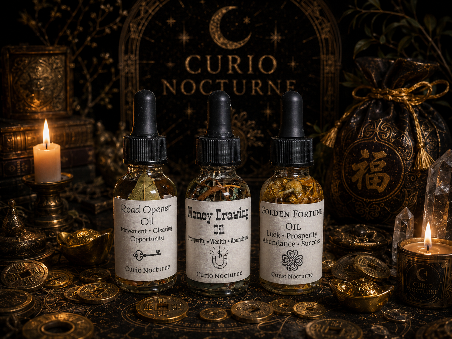 Trinity of Fortune Oil Set • Road Opener, Money Drawing & Golden Fortune • Abundance, Luck, Opportunity Ritual Oils Bundle
