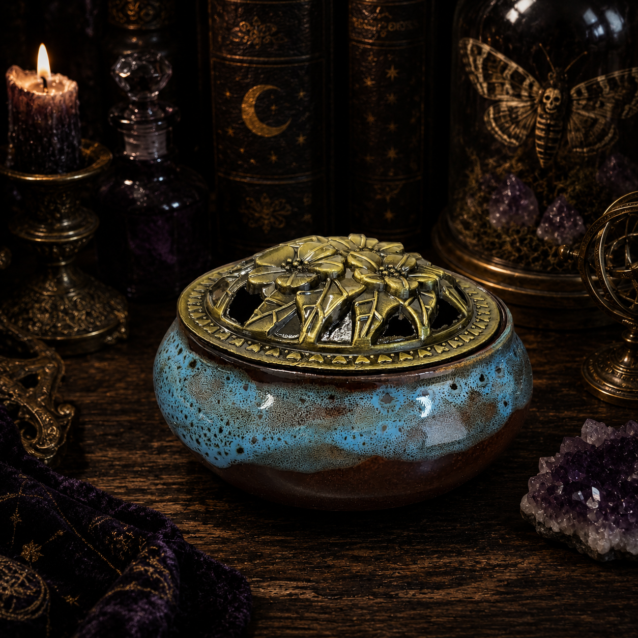 Ceramic Incense Burner Bowl with Lid • 3.75" Charcoal Incense Burner • Resin and Herb Burner • Includes Fireproof Felt Pad