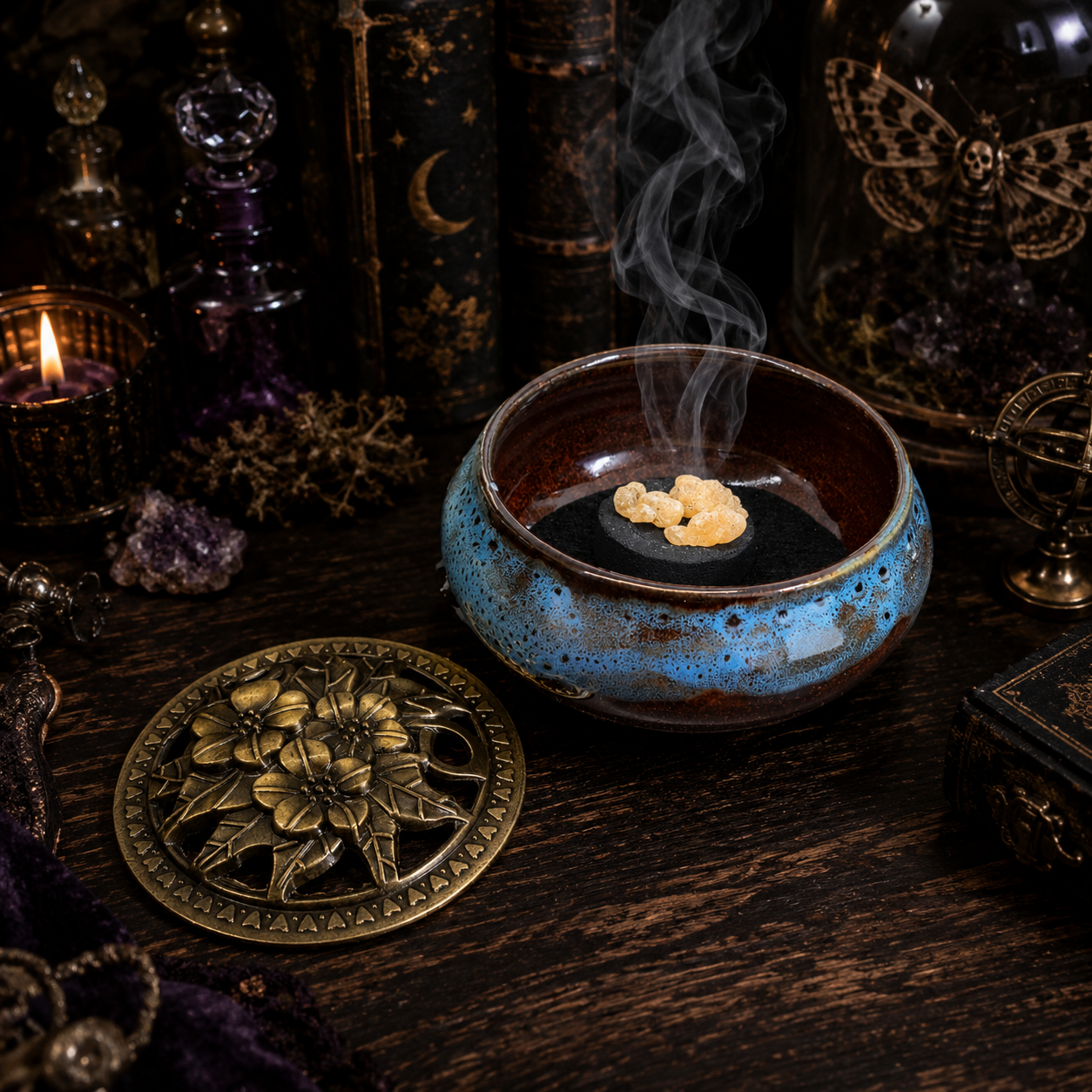Ceramic Incense Burner Bowl with Lid • 3.75" Charcoal Incense Burner • Resin and Herb Burner • Includes Fireproof Felt Pad