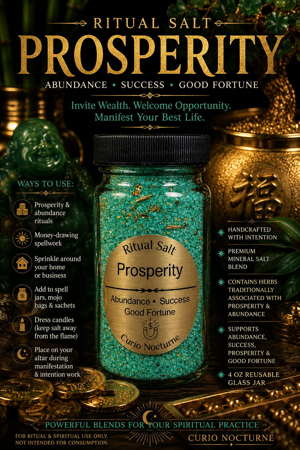 Prosperity Ritual Salt • Abundance • Wealth • Success • Good Fortune • Handcrafted Spiritual Salt • 4 oz Glass Jar