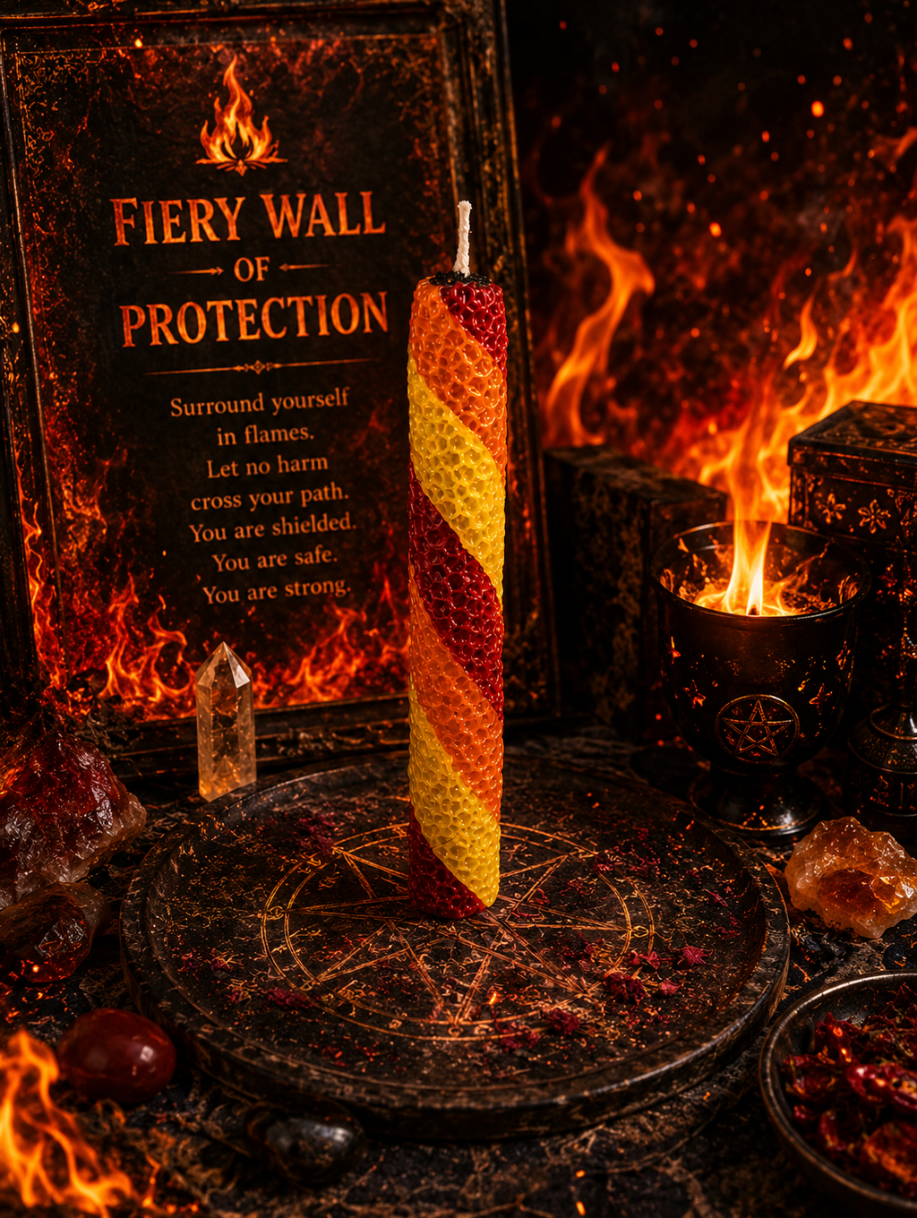 Fiery Wall of Protection Ritual Beeswax Candle • Spiritual Protection, Warding & Psychic Defense • 8" Hand Rolled Spell Candle
