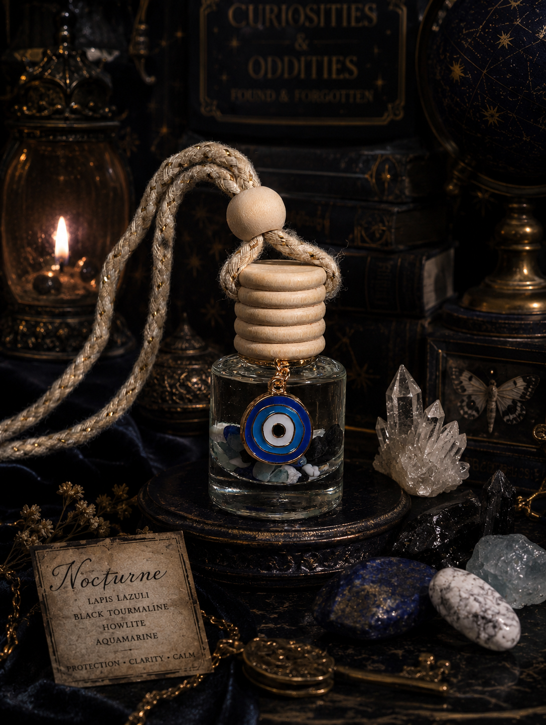 Evil Eye Crystal Oil Diffuser • Hanging Car Diffuser • Protection & Peace Aromatherapy Diffuser • Lapis Lazuli, Black Tourmaline, Howlite & Aquamarine