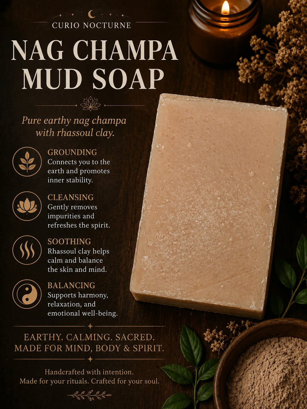 Nag Champa Mud Soap • Handmade Ritual Soap for Grounding, Balance & Spiritual Cleansing • Rhassoul Clay Soap