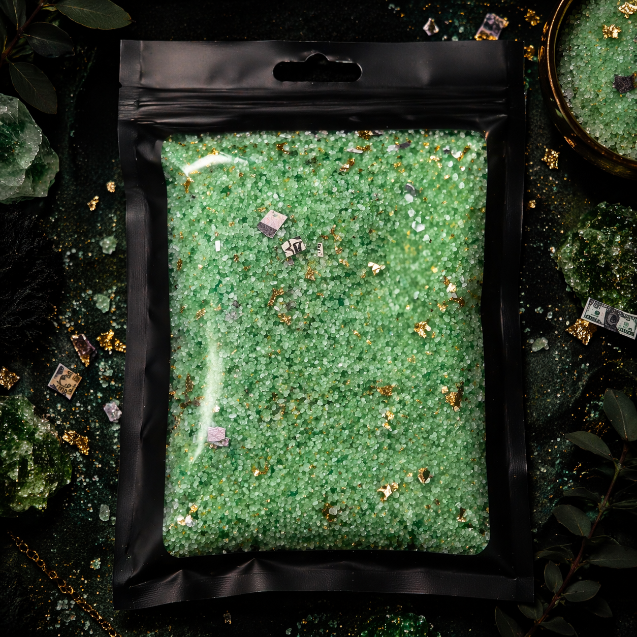 Money Manifest Ritual Salt • Abundance & Prosperity Spell Salt with Pyrite and Shredded Money • Money Bowl, Bath, Attraction Work