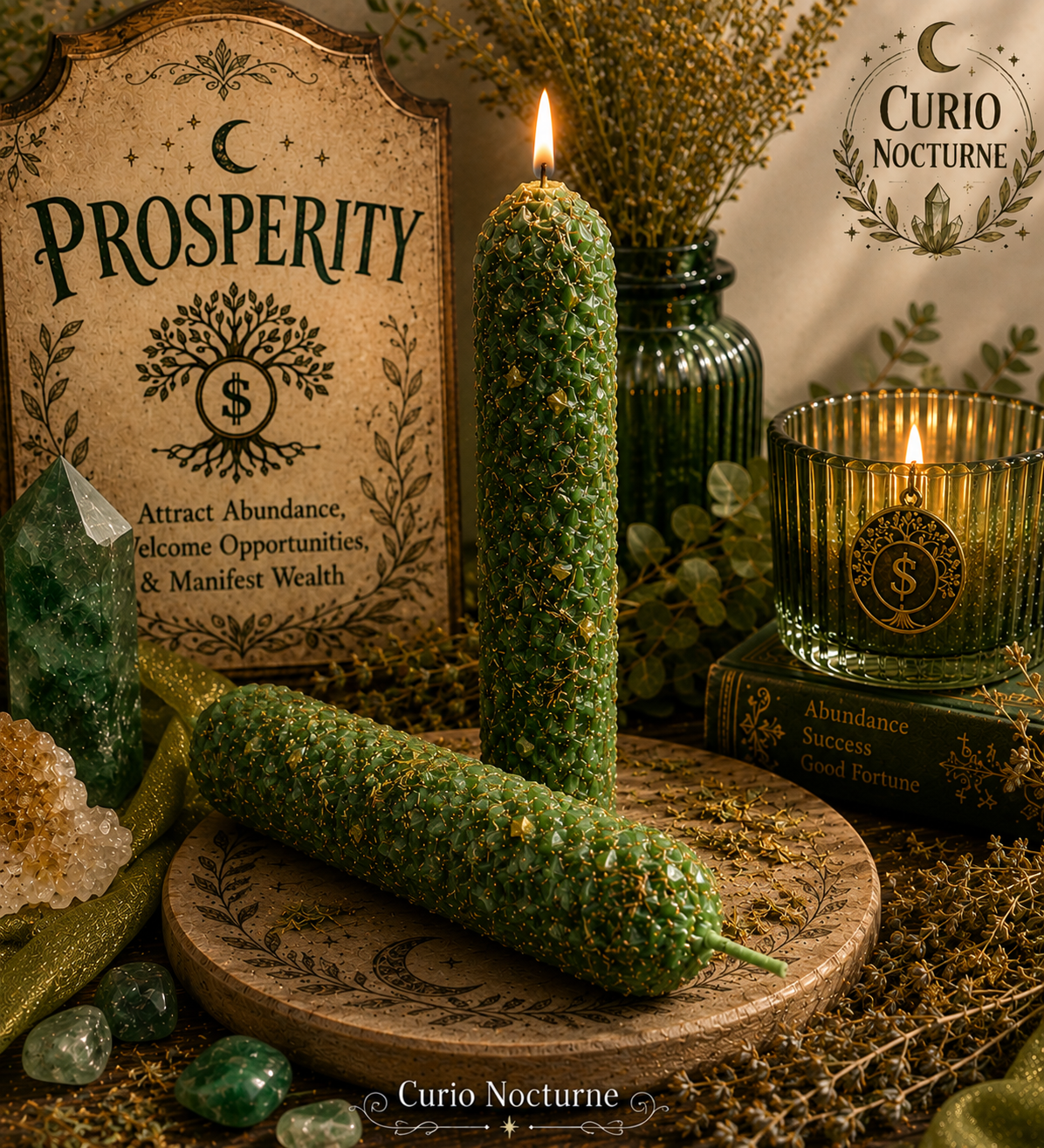 Prosperity Beeswax Ritual Candles • Attract Wealth, Abundance & Success • Hand Rolled Spell Candles • Set of 2