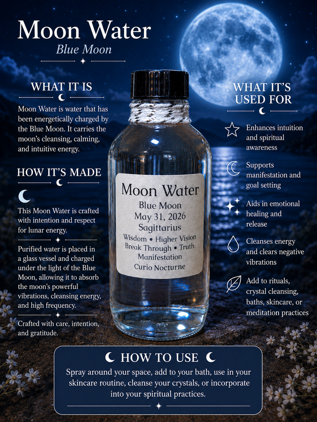 Blue Moon Moon Water • May 31, 2026 • Sagittarius Moon Water • Ritual Moon-Charged Water • Manifestation • Intuition • Spiritual Cleansing