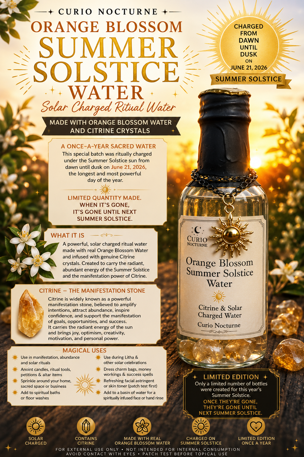 Orange Blossom Summer Solstice Water • Citrine & Solar Charged Ritual Water • Limited Edition