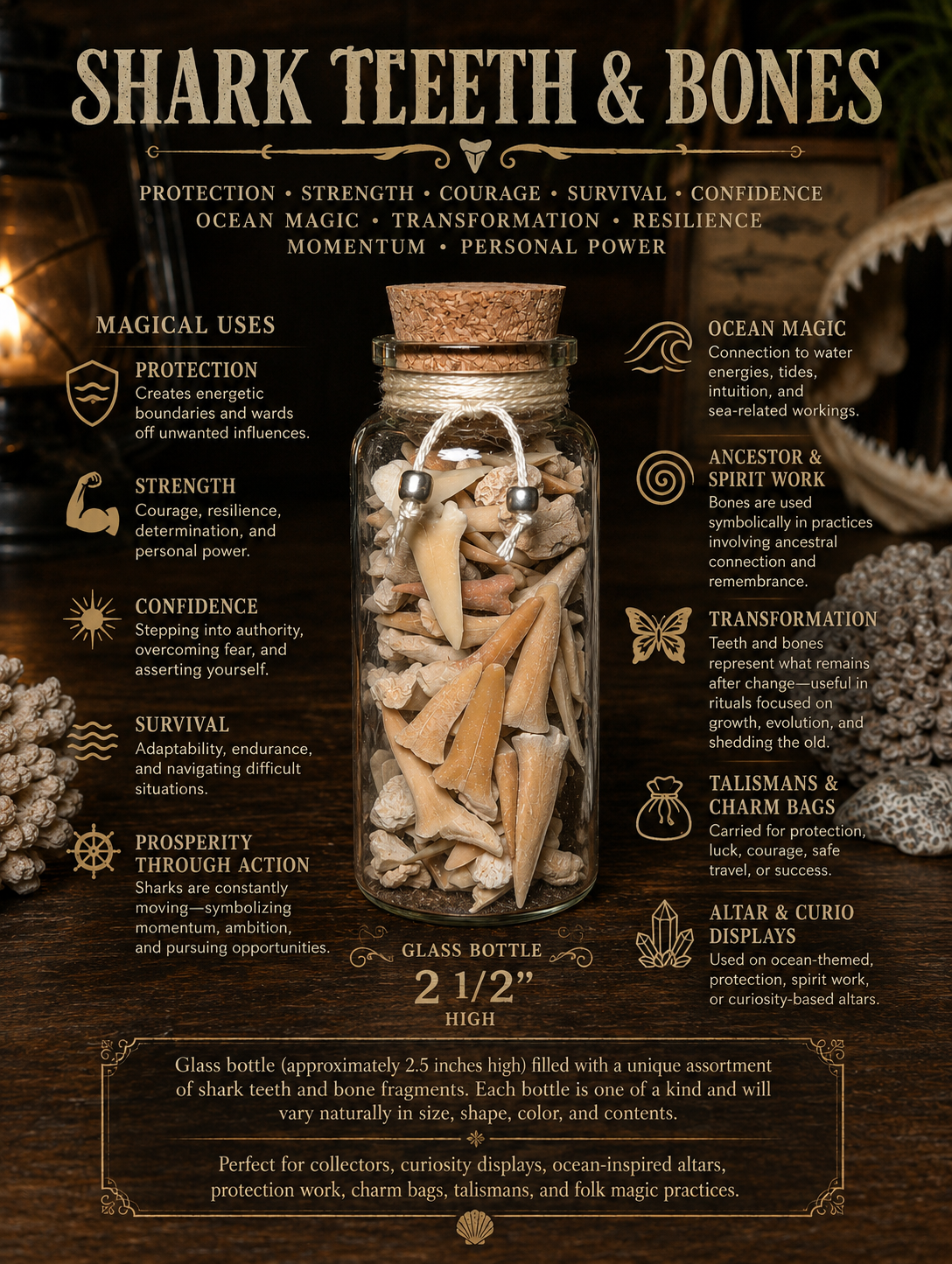 Shark Teeth & Bone Curio Bottle • Ocean Magic Altar Curio • Protection and Strength • Natural Shark Teeth Collection