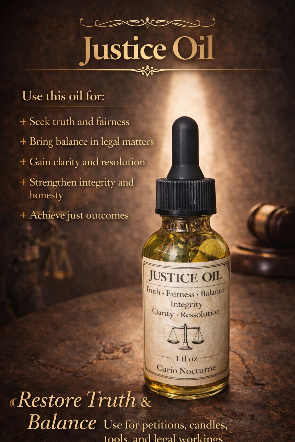Justice Oil • Truth & Balance, Fair Outcome, Favorable Decisions, Conflict Resolution, Legal Matters, Court Case Support, Conjure Oil