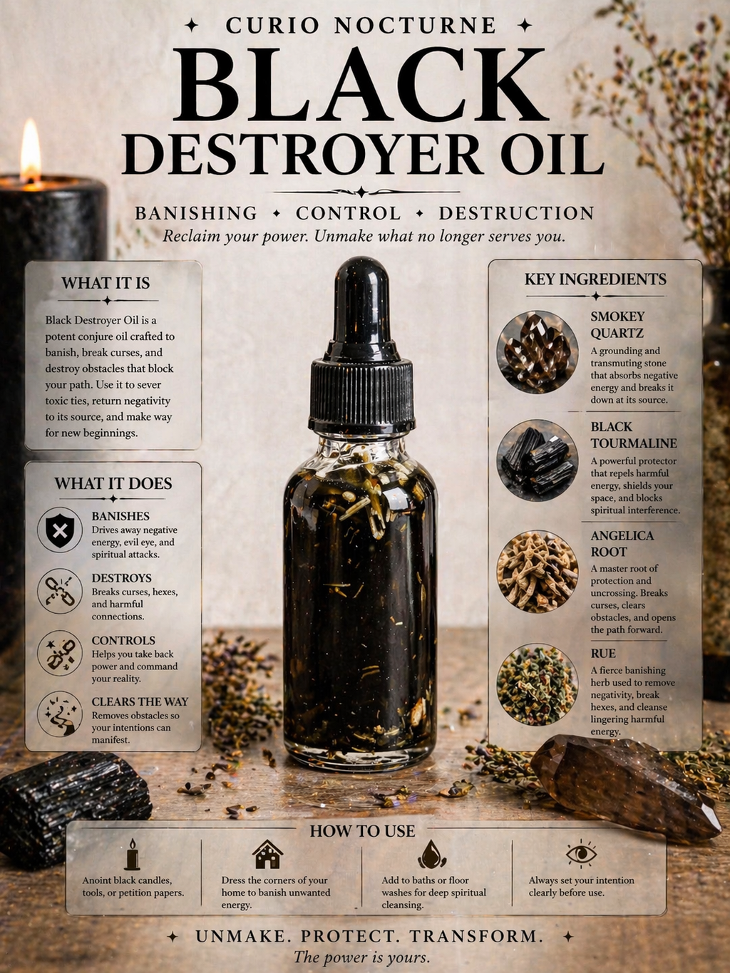 Black Destroyer Oil • Hex Breaking Oil • Protection & Control Conjure Oil • Remove Negativity • Spiritual Cleansing Oil
