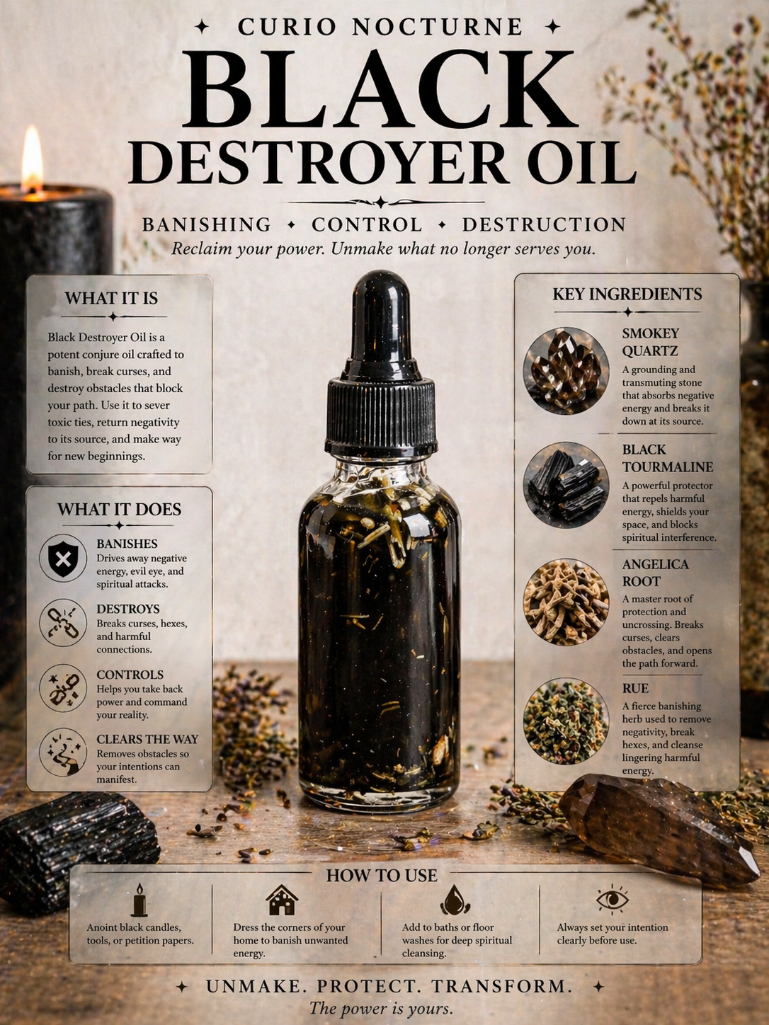Black Destroyer Oil • Hex Breaking Oil • Protection & Control Conjure Oil • Remove Negativity • Spiritual Cleansing Oil
