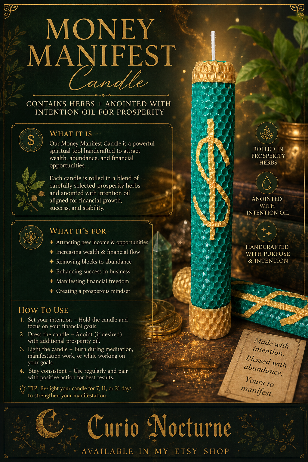 Money Manifest Candle • Prosperity Ritual Herbs & Anointed with Intention Oil • Wealth and Abundance Manifestation • Blessings • Success