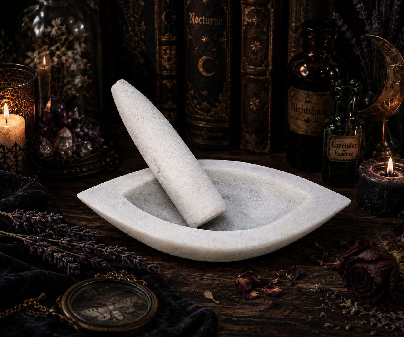 Mortar & Pestle • Handcrafted Marble Herb Grinder, Apothecary and Ritual Tool • 8" White Marble Boat