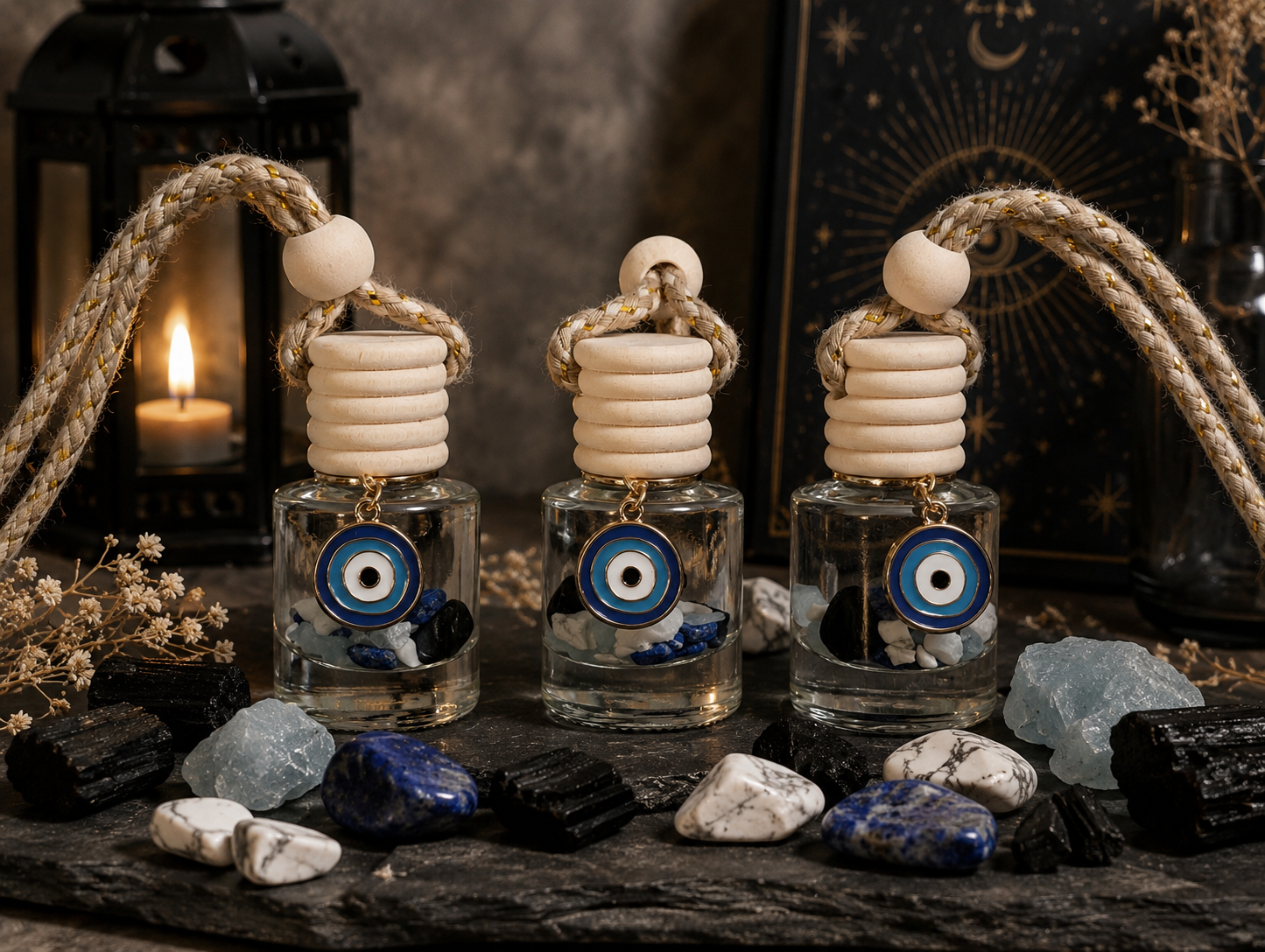 Evil Eye Crystal Oil Diffuser • Hanging Car Diffuser • Protection & Peace Aromatherapy Diffuser • Lapis Lazuli, Black Tourmaline, Howlite & Aquamarine