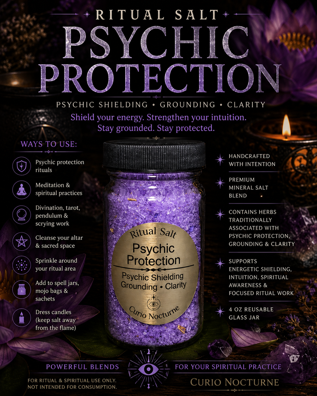 Psychic Protection Ritual Salt • Psychic Shielding • Grounding • Clarity • Spiritual Protection • 4 oz Glass Jar