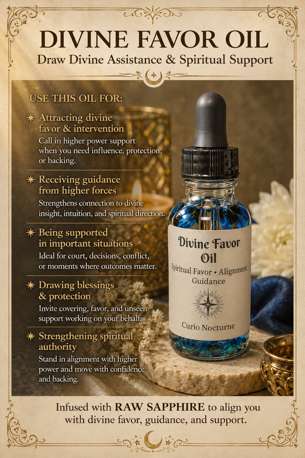 Divine Favor Oil • Raw Sapphire Infused Oil for Divine Assistance, Spiritual Guidance, Support & Blessings