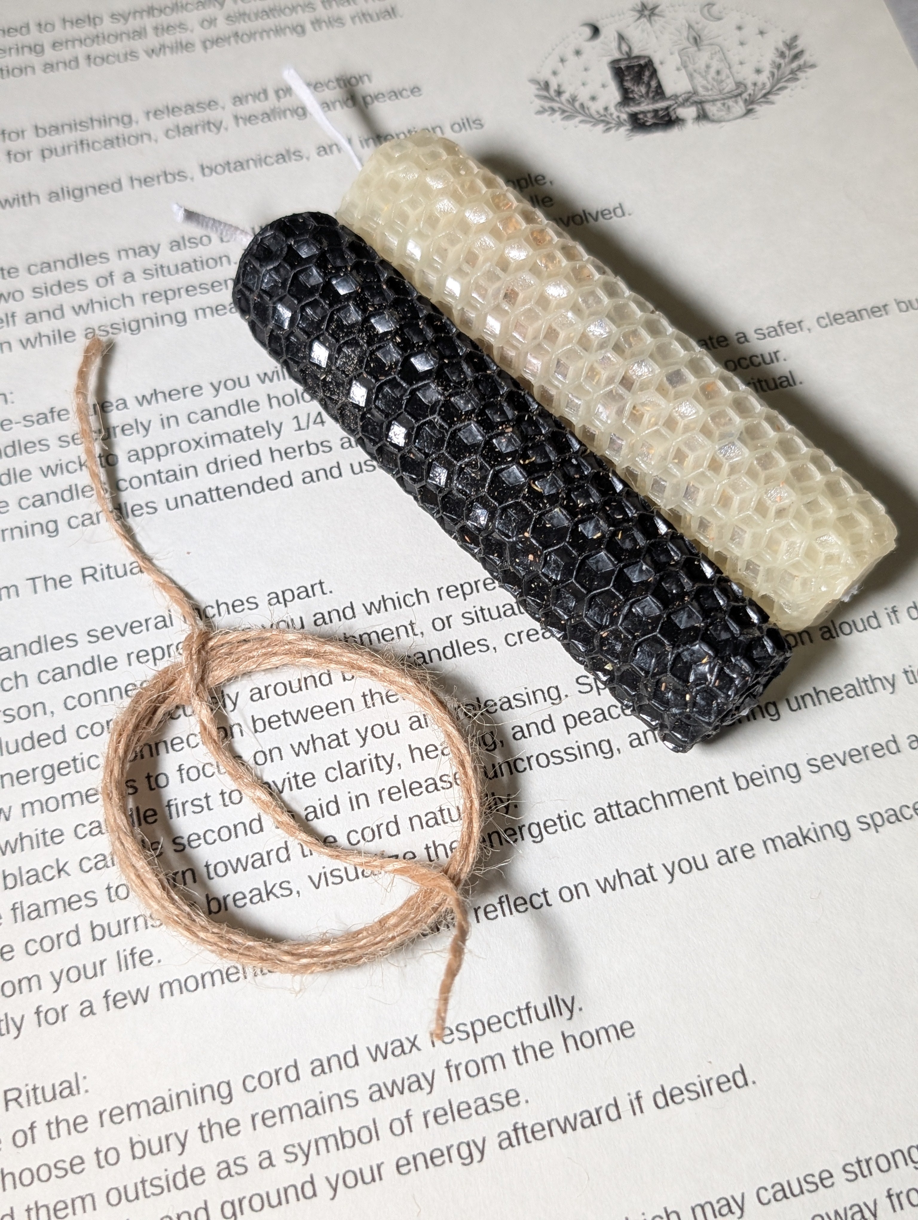 Cord Cutting Ritual Kit • Black & White Herb-Infused Beeswax Candles Ritual Cord Instructions • Energy Release, Healing, Spiritual Cleanse