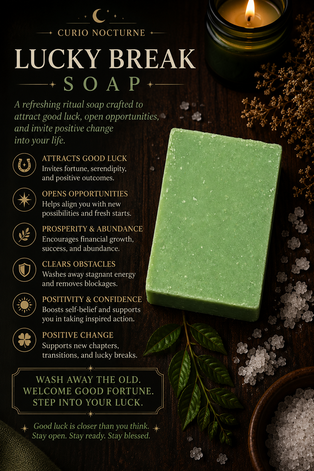 Lucky Break Soap • Handmade Ritual Soap for Good Luck, Opportunity, Prosperity & Positive Change • Spiritual Abundance • Sea Salt