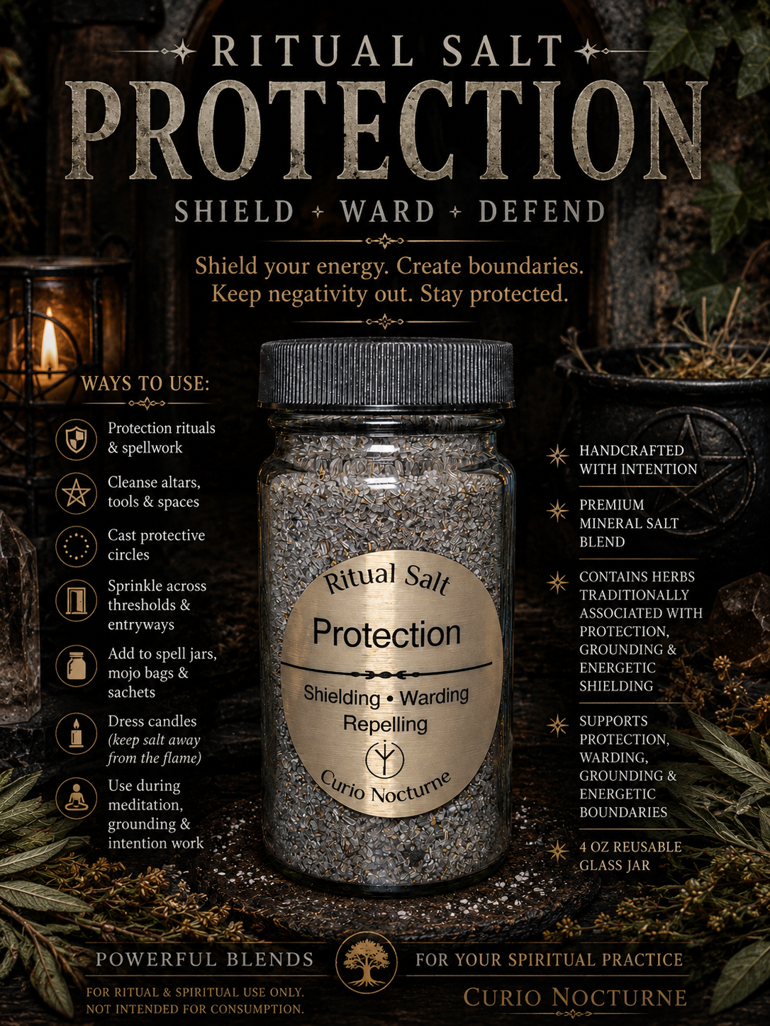 Protection Ritual Salt • Shielding • Warding • Energy Protection • Spiritual Cleansing • Handcrafted Ritual Salt • 4 oz Glass Jar