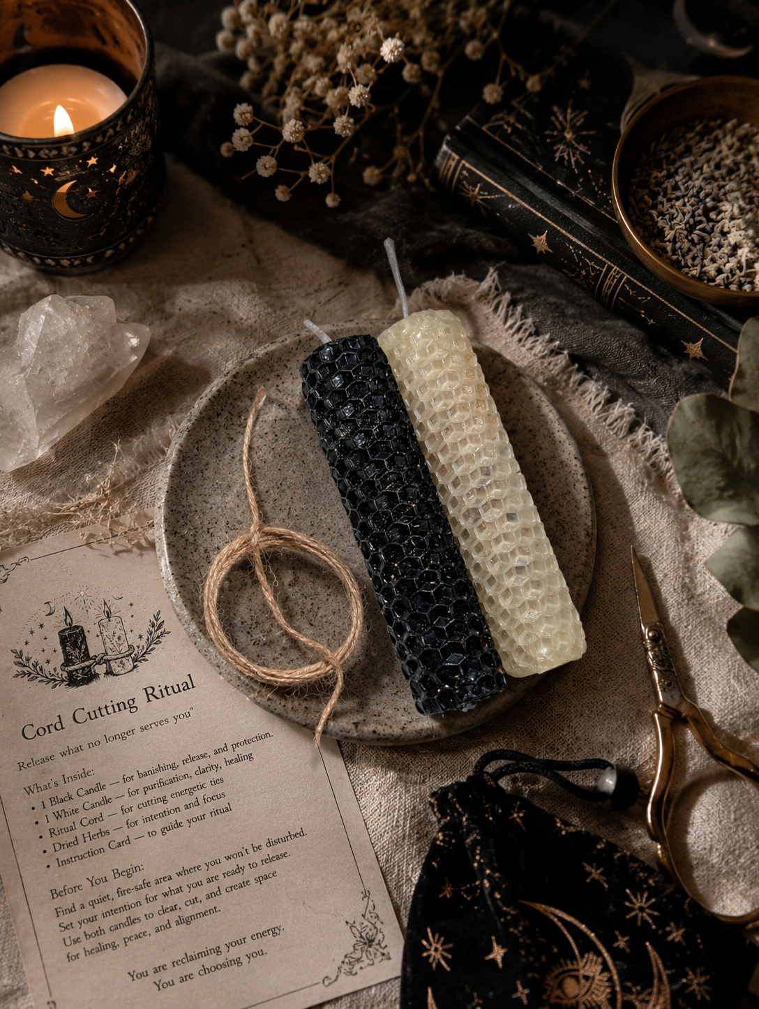 Cord Cutting Ritual Kit • Black & White Herb-Infused Beeswax Candles Ritual Cord Instructions • Energy Release, Healing, Spiritual Cleanse