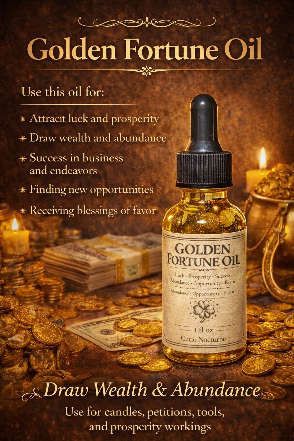 Golden Fortune Oil• Money Drawing, Wealth & Prosperity, Good Luck, Abundance, Financial Success, Spiritual Oil