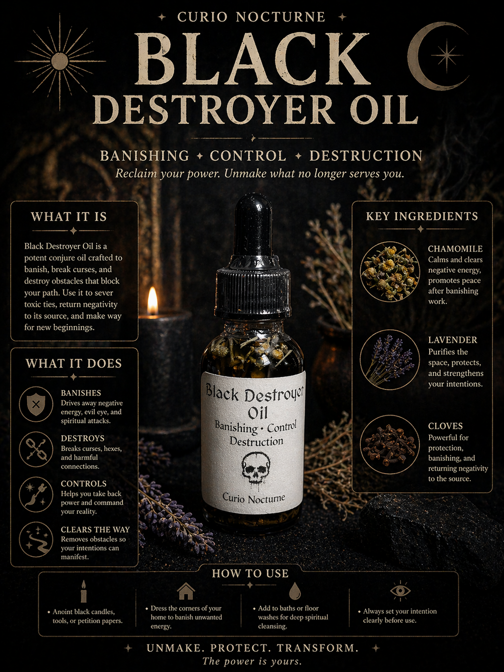 Black Destroyer Oil • Hex Breaking Oil • Protection & Control Conjure Oil • Remove Negativity • Spiritual Cleansing Oil