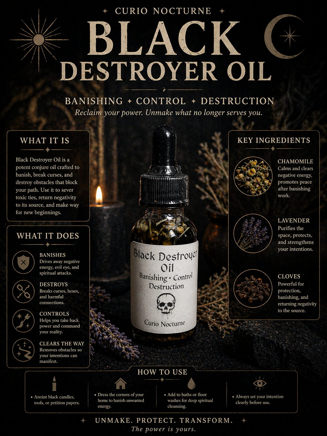 Black Destroyer Oil • Hex Breaking Oil • Protection & Control Conjure Oil • Remove Negativity • Spiritual Cleansing Oil