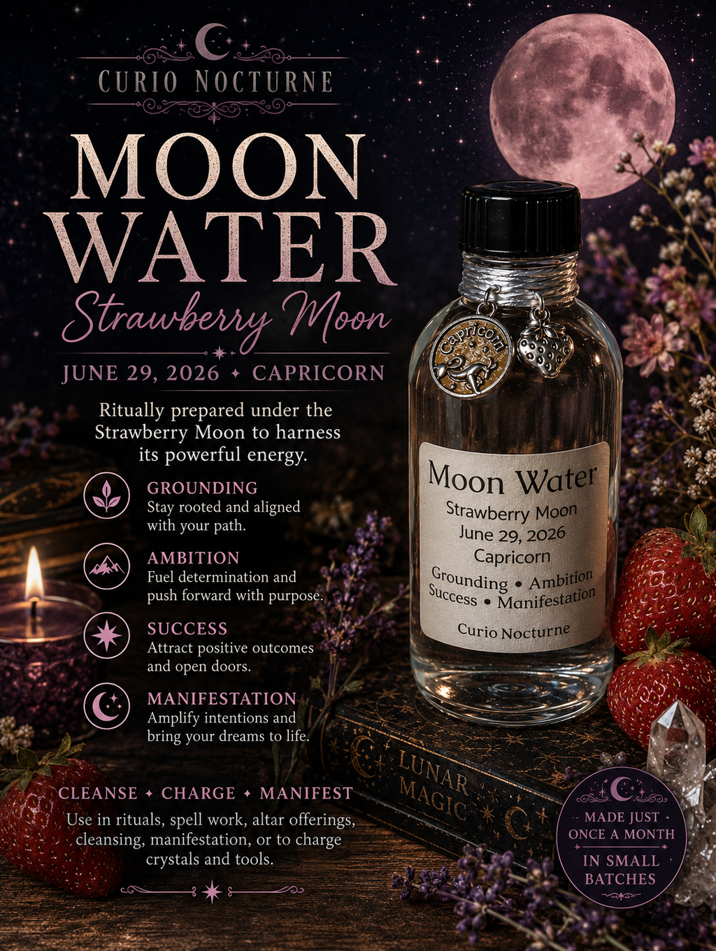 Strawberry Full Moon Water in Capricorn • Ritual Water for Grounding, Manifestation, Ambition & Success • Charged Spiritual Water