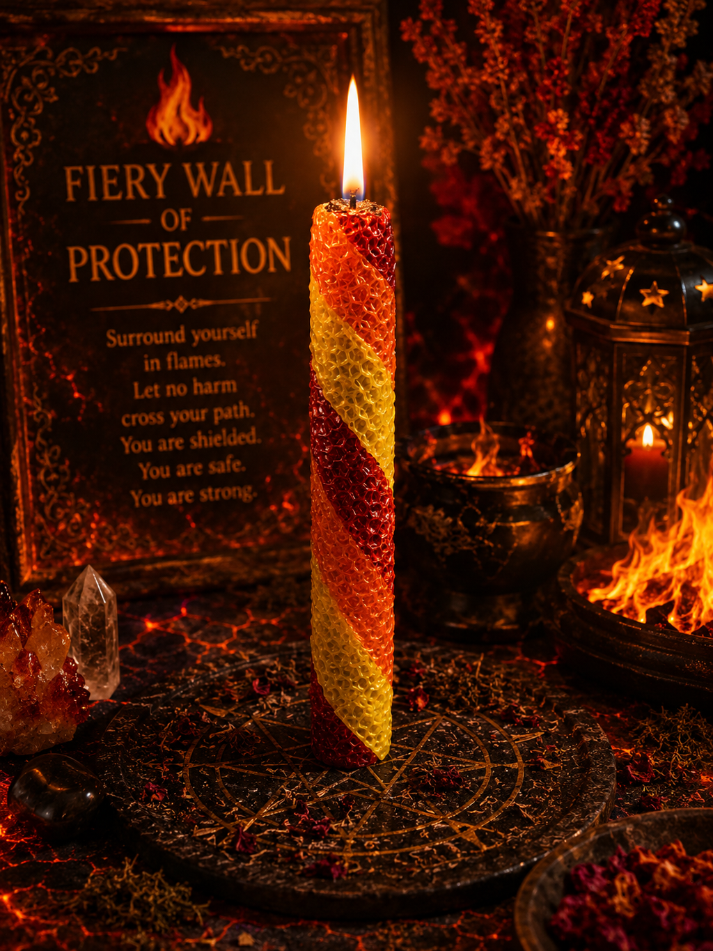 Fiery Wall of Protection Ritual Beeswax Candle • Spiritual Protection, Warding & Psychic Defense • 8" Hand Rolled Spell Candle