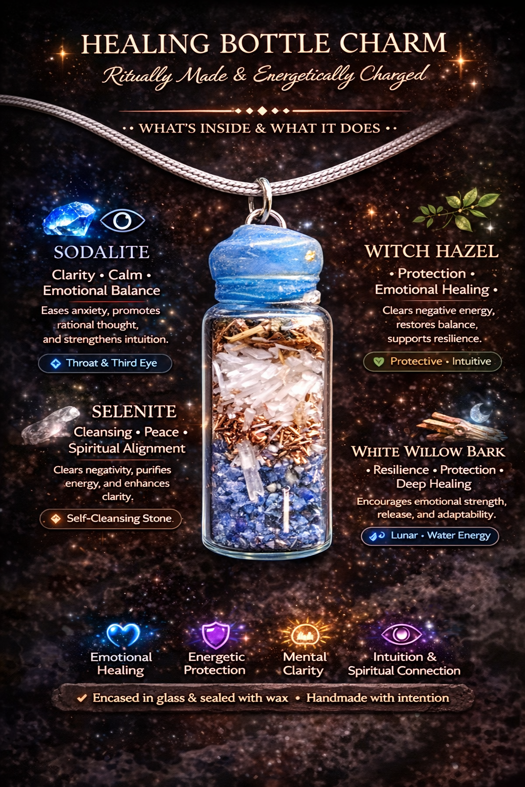 Healing Bottle Charm Necklace | Ritually Made & Energetically Charged | Sodalite, Selenite, Copper, Witch Hazel & White Willow Bark