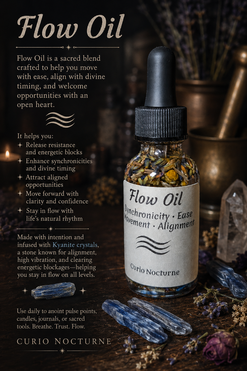 Flow Oil • Synchronicity & Alignment Ritual Oil • Kyanite Crystal Oil • Divine Timing Oil • Manifestation Oil • Road Opening Oil