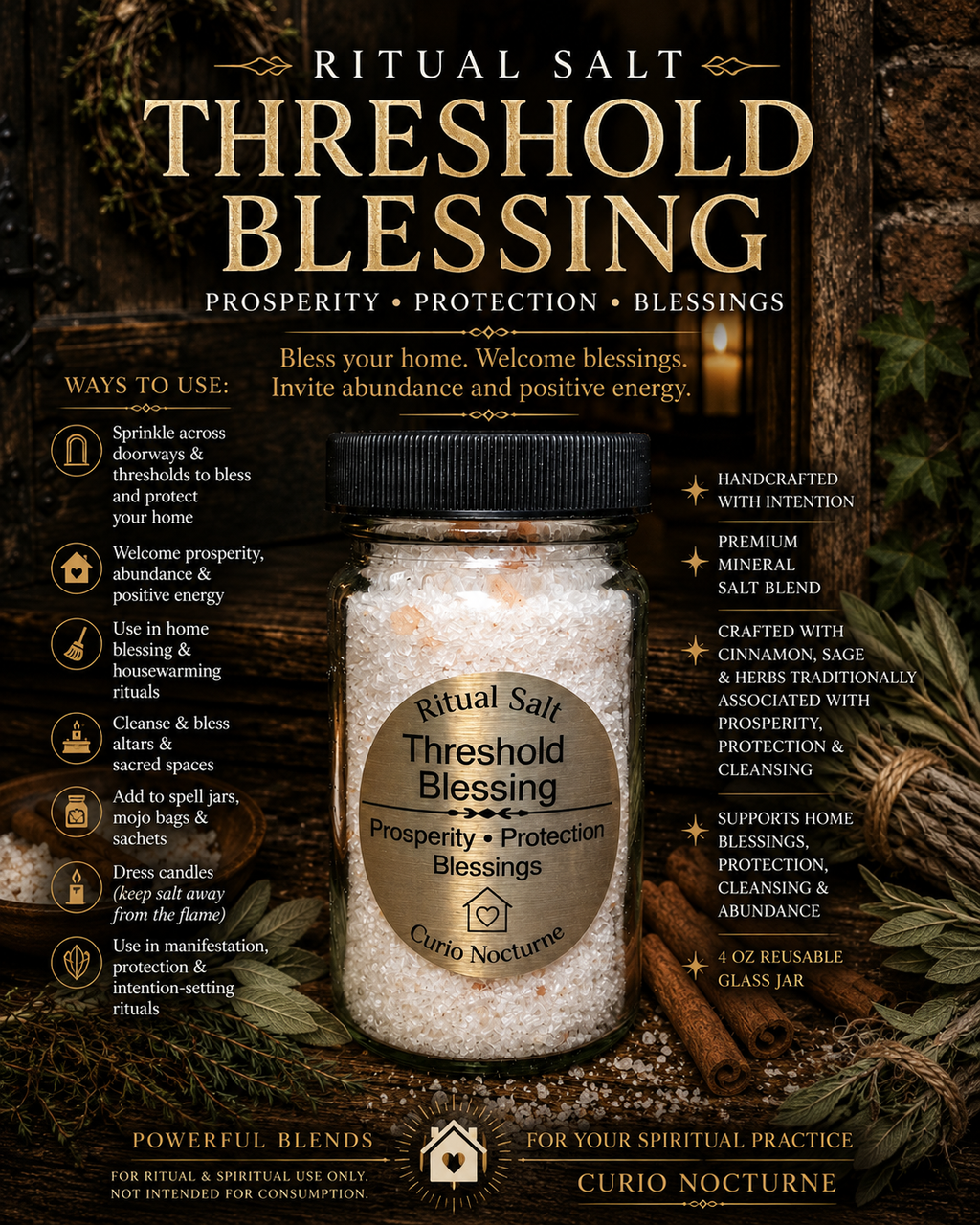 Threshold Blessing Ritual Salt • Home Blessing • Prosperity • Protection • Cinnamon & Sage • 4 oz Glass Jar
