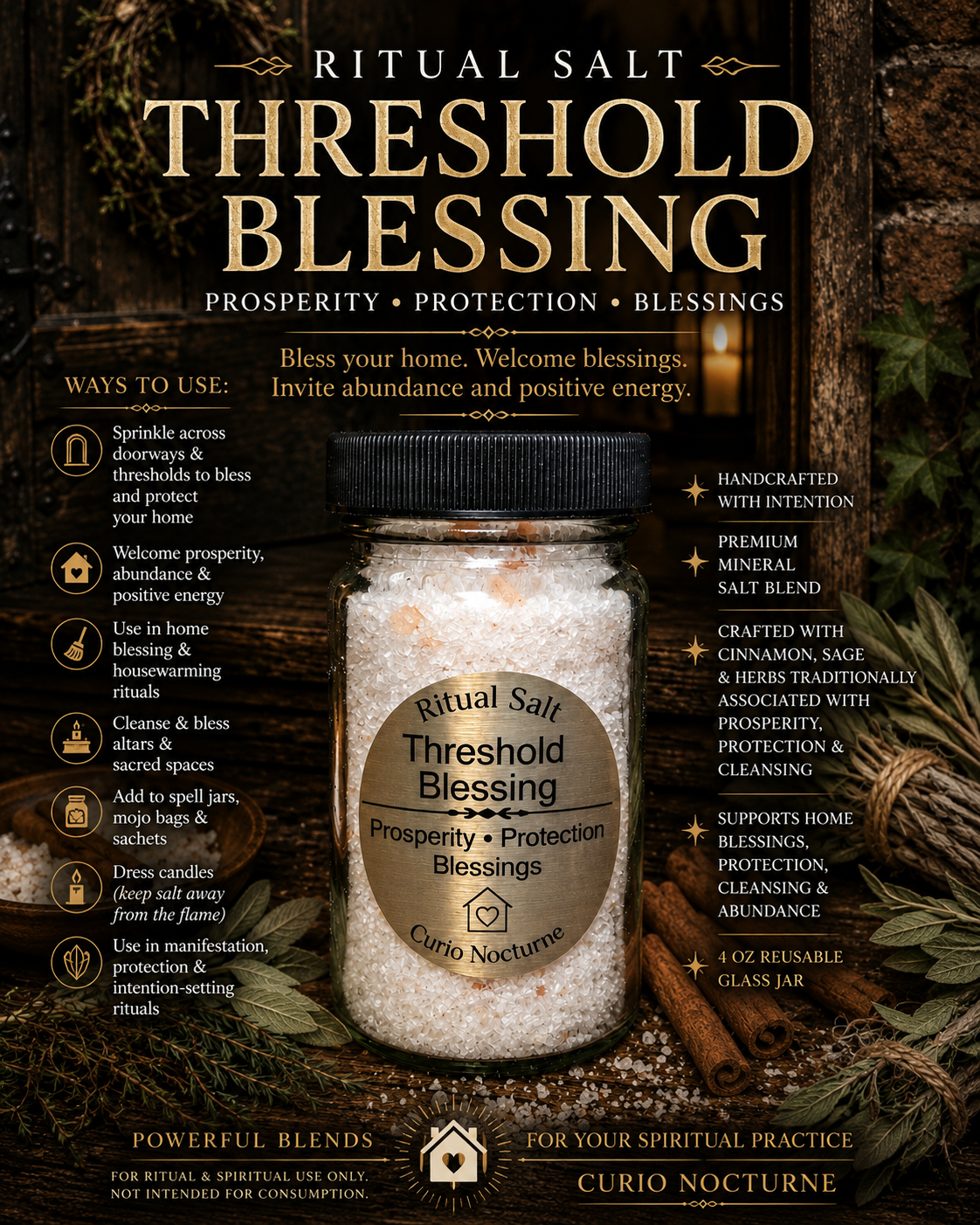 Threshold Blessing Ritual Salt • Home Blessing • Prosperity • Protection • Cinnamon & Sage • 4 oz Glass Jar