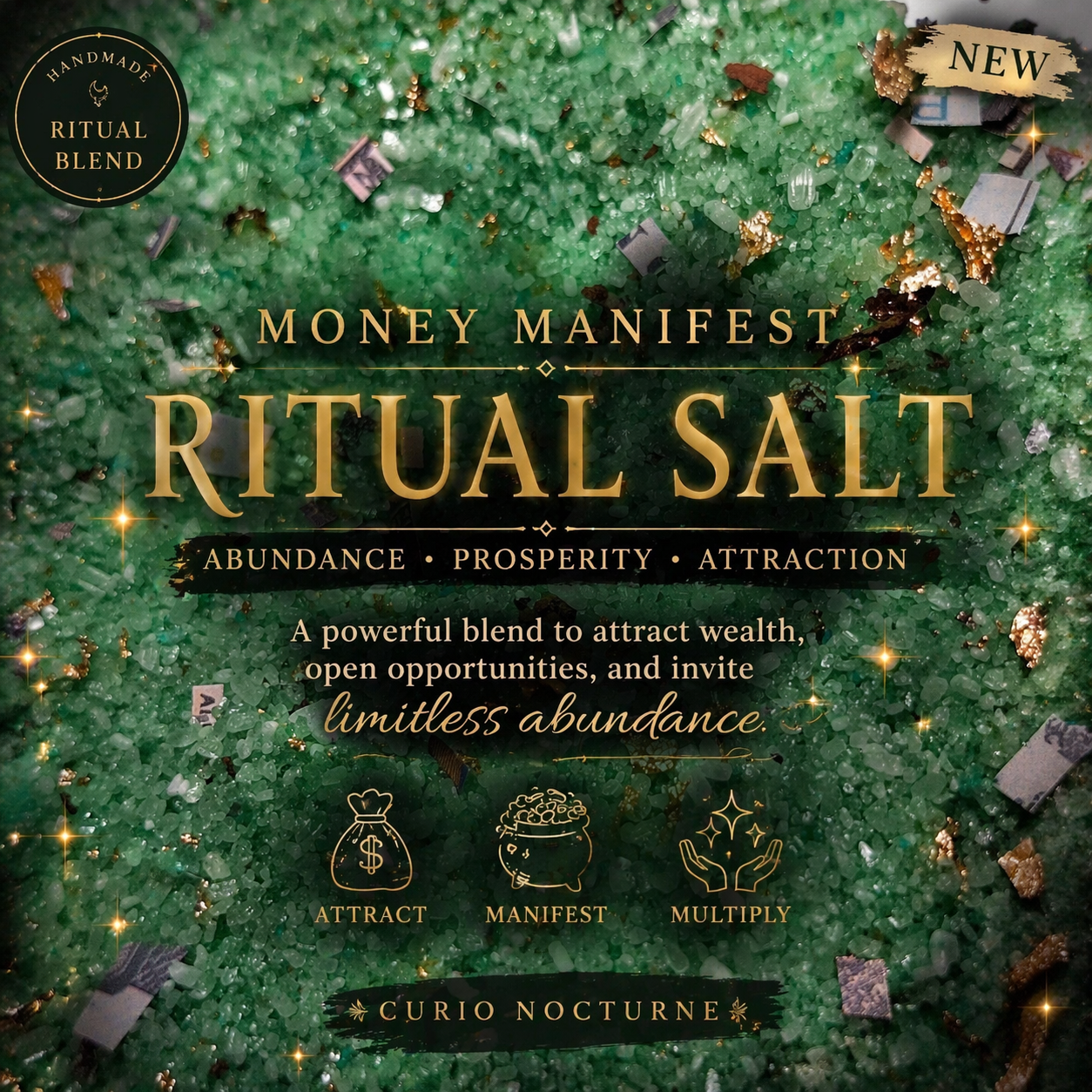 Money Manifest Ritual Salt • Abundance & Prosperity Spell Salt with Pyrite and Shredded Money • Money Bowl, Bath, Attraction Work